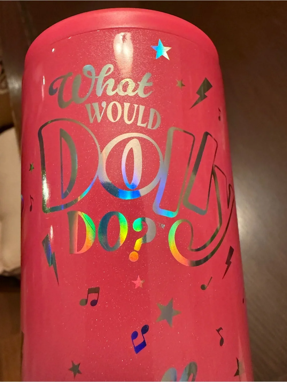 Dolly Parton Pink Slim Drink Holder Tumbler Gold Script WHAT WOULD DOLLY DO?